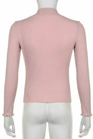 Baby Pink Y2K Long Sleeve Crop Top with Lettuce Trim - Women's Streetwear Fashion