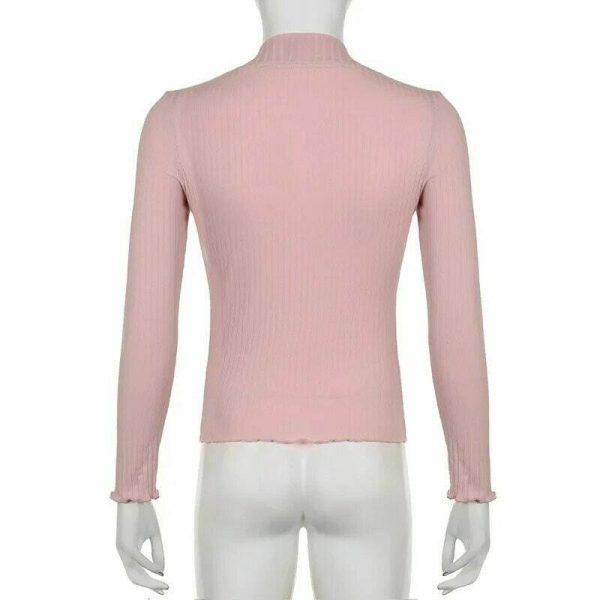 Baby Pink Y2K Long Sleeve Crop Top with Lettuce Trim - Women's Streetwear Fashion