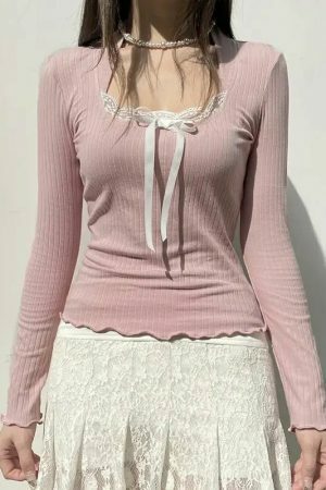 Baby Pink Y2K Long Sleeve Crop Top with Lettuce Trim - Women's Streetwear Fashion