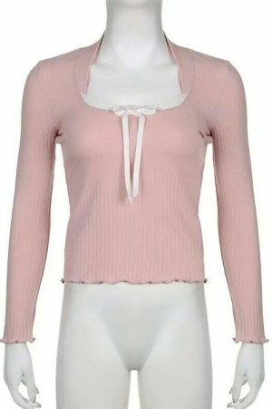 Baby Pink Y2K Long Sleeve Crop Top with Lettuce Trim - Women's Streetwear Fashion