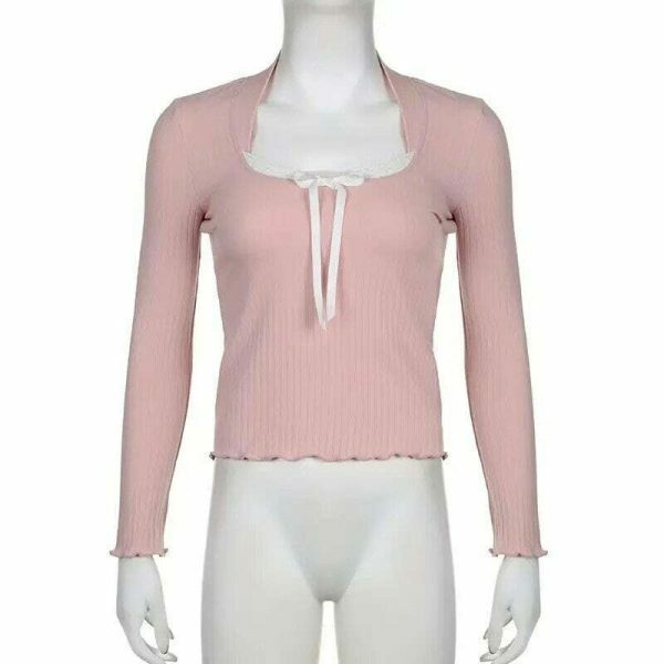 Baby Pink Y2K Long Sleeve Crop Top with Lettuce Trim - Women's Streetwear Fashion