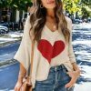 Beige Heart Print Knit Streetwear Sweater