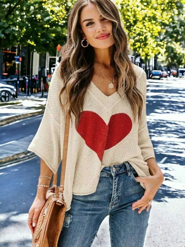 Beige Heart Print Knit Streetwear Sweater