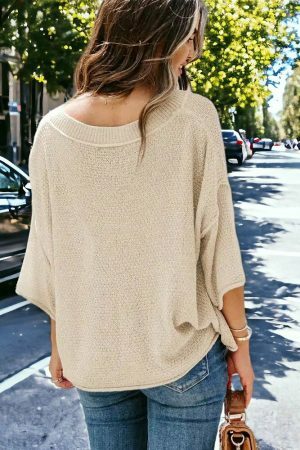 Beige Heart Print Knit Streetwear Sweater