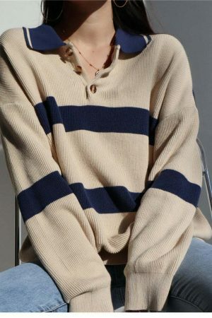 Beige Navy Polo Neck Soft Knit Oversized Pullover Sweater