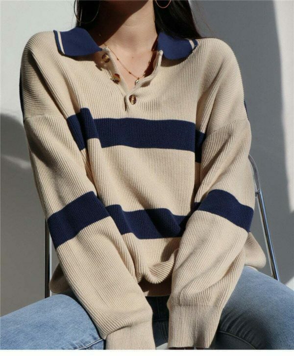 Beige Navy Polo Neck Soft Knit Oversized Pullover Sweater