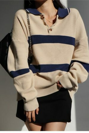 Beige Navy Polo Neck Soft Knit Oversized Pullover Sweater