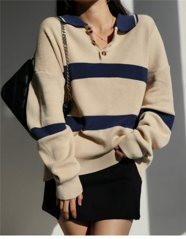 Beige Navy Polo Neck Soft Knit Oversized Pullover Sweater