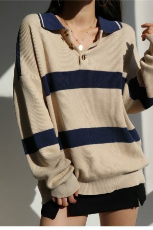 Beige Navy Polo Neck Soft Knit Oversized Pullover Sweater