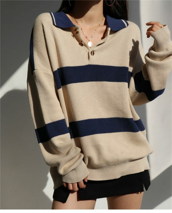 Beige Navy Polo Neck Soft Knit Oversized Pullover Sweater