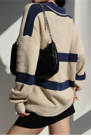 Beige Navy Polo Neck Soft Knit Oversized Pullover Sweater