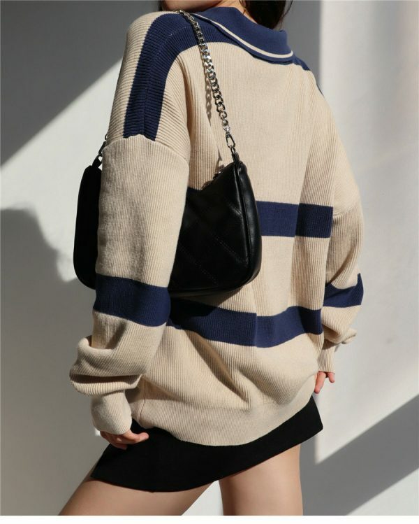 Beige Navy Polo Neck Soft Knit Oversized Pullover Sweater