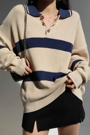 Beige Navy Polo Neck Soft Knit Oversized Pullover Sweater