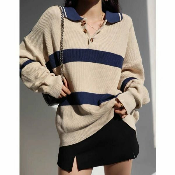 Beige Navy Polo Neck Soft Knit Oversized Pullover Sweater