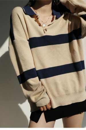 Beige Navy Polo Neck Soft Knit Oversized Pullover Sweater