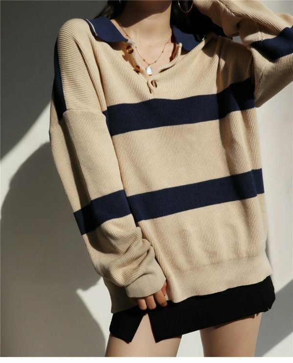 Beige Navy Polo Neck Soft Knit Oversized Pullover Sweater