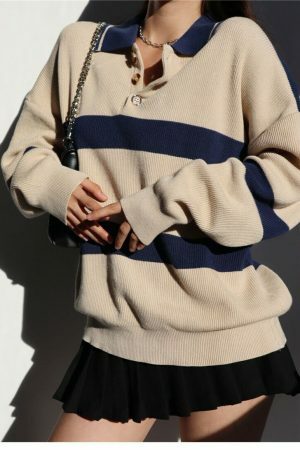 Beige Navy Polo Neck Soft Knit Oversized Pullover Sweater