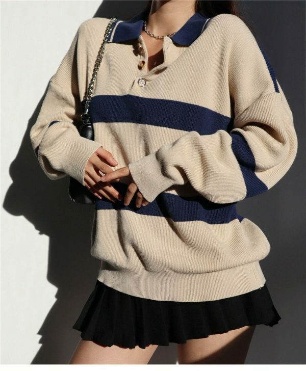 Beige Navy Polo Neck Soft Knit Oversized Pullover Sweater