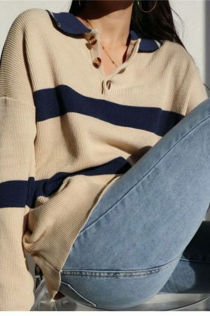 Beige Navy Polo Neck Soft Knit Oversized Pullover Sweater