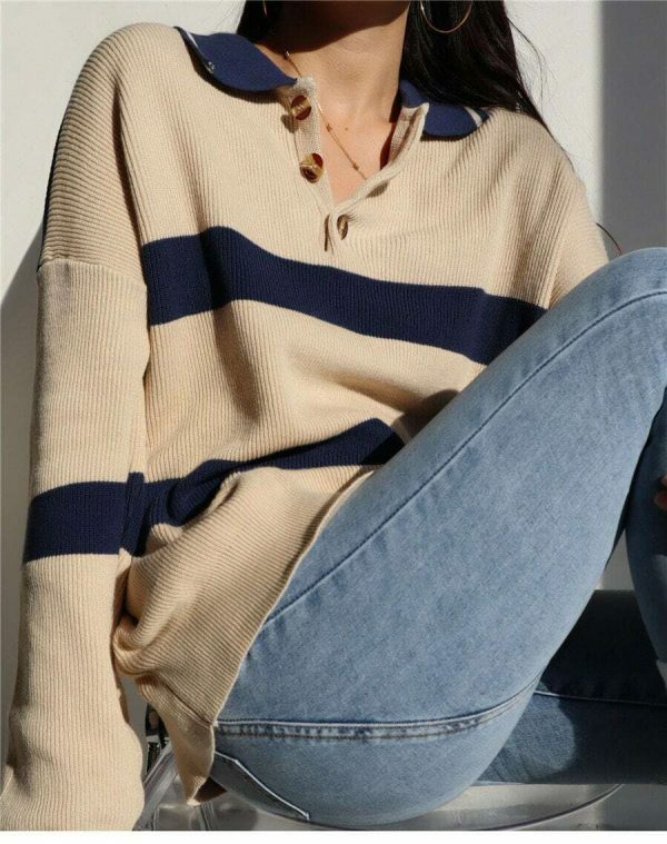 Beige Navy Polo Neck Soft Knit Oversized Pullover Sweater