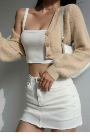 Beige Soft Knit Mohair Long Sleeve Y2K Crop Cardigan - Streetwear Aesthetic