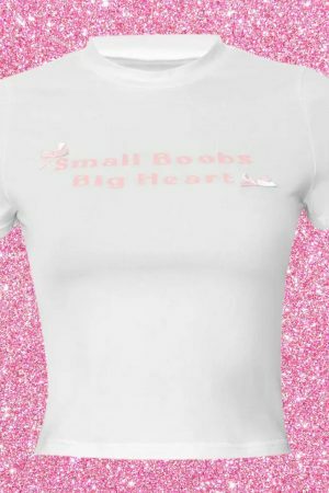 Big Heart White Baby T-Shirt, Funny Slogan Crop Tee, Bow Aesthetic Baddie Y2K Graphic Print Slay Girl Top