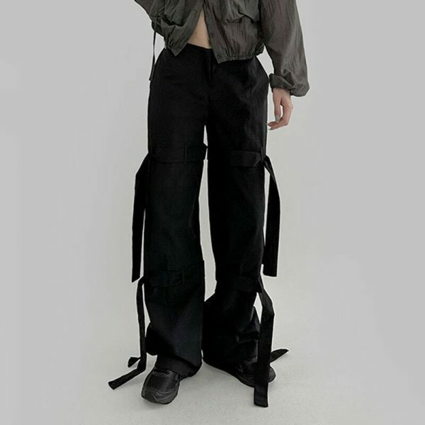 Black Bandage Cargo Pants Women Low Rise Straight Trousers Streetwear Y2K Aesthetic Harajuku Korean Techwear