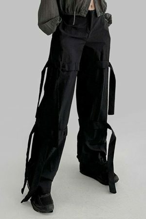 Black Bandage Cargo Pants Women Low Rise Straight Trousers Streetwear Y2K Aesthetic Harajuku Korean Techwear