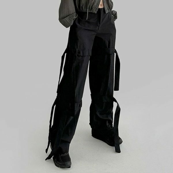 Black Bandage Cargo Pants Women Low Rise Straight Trousers Streetwear Y2K Aesthetic Harajuku Korean Techwear