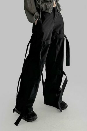 Black Bandage Cargo Pants Women Low Rise Straight Trousers Streetwear Y2K Aesthetic Harajuku Korean Techwear