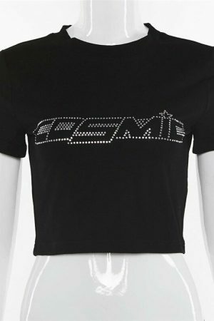 Black Cosmic Rhinestone Crop Tee | Y2K Aesthetic Streetwear Top