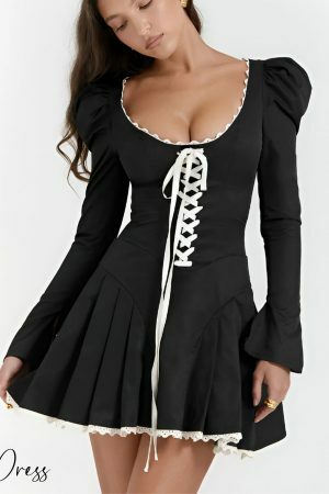 Black Lace-Up Coquette Dress with Puff & Flare Sleeves - Y2K Aesthetic