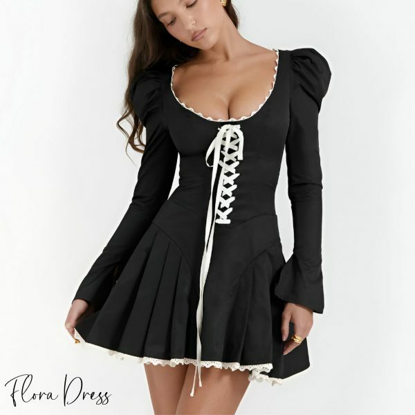 Black Lace-Up Coquette Dress with Puff & Flare Sleeves - Y2K Aesthetic