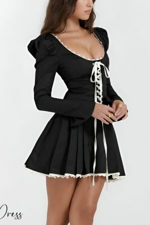 Black Lace-Up Coquette Dress with Puff & Flare Sleeves - Y2K Aesthetic