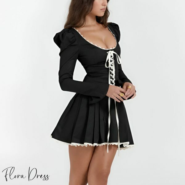 Black Lace-Up Coquette Dress with Puff & Flare Sleeves - Y2K Aesthetic