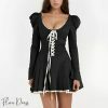 Black Lace-Up Coquette Dress with Puff & Flare Sleeves - Y2K Aesthetic