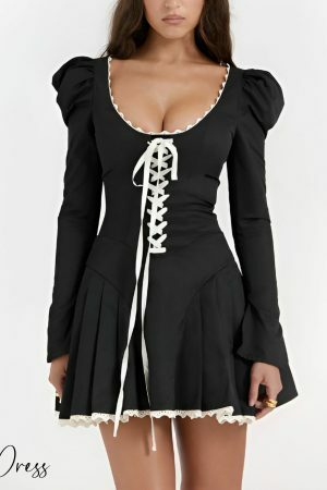 Black Lace-Up Coquette Dress with Puff & Flare Sleeves - Y2K Aesthetic