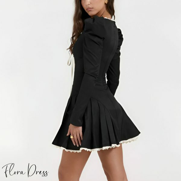 Black Lace-Up Coquette Dress with Puff & Flare Sleeves - Y2K Aesthetic