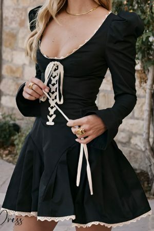 Black Lace-Up Coquette Dress with Puff & Flare Sleeves - Y2K Aesthetic