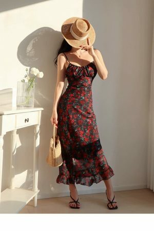 Black Long Dress with Red Roses Y2K Streetwear Aesthetic