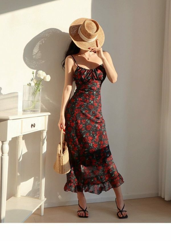 Black Long Dress with Red Roses Y2K Streetwear Aesthetic