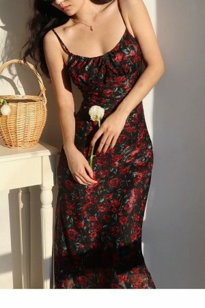 Black Long Dress with Red Roses Y2K Streetwear Aesthetic