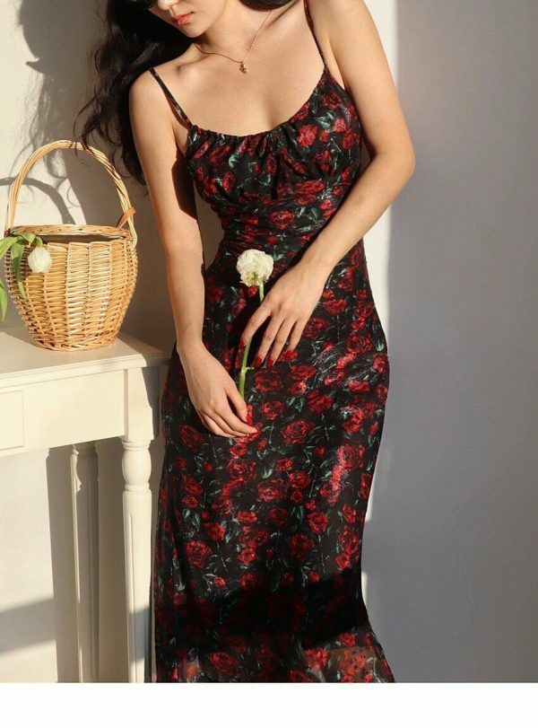 Black Long Dress with Red Roses Y2K Streetwear Aesthetic