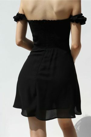 Black Milkmaid Off Shoulder Mini Dress with Puff Sleeves - Y2K Korean French Retro Streetwear