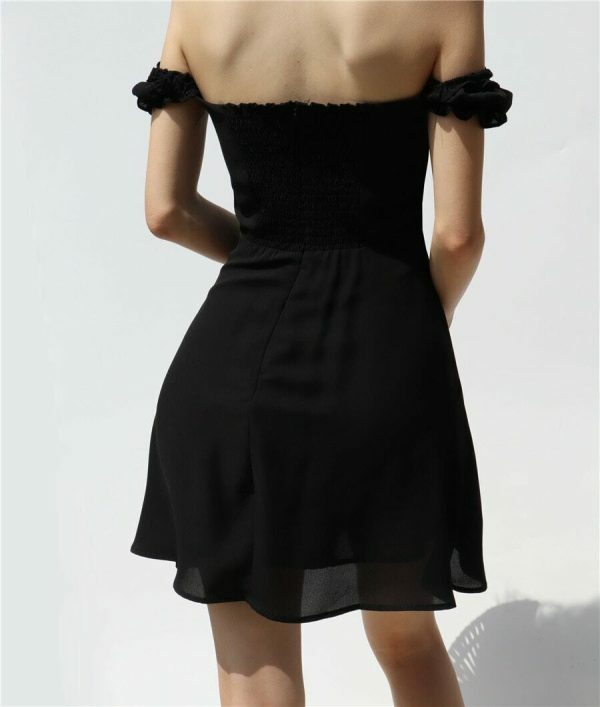 Black Milkmaid Off Shoulder Mini Dress with Puff Sleeves - Y2K Korean French Retro Streetwear