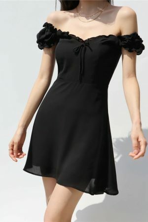 Black Milkmaid Off Shoulder Mini Dress with Puff Sleeves - Y2K Korean French Retro Streetwear