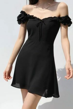 Black Milkmaid Off Shoulder Mini Dress with Puff Sleeves - Y2K Korean French Retro Streetwear