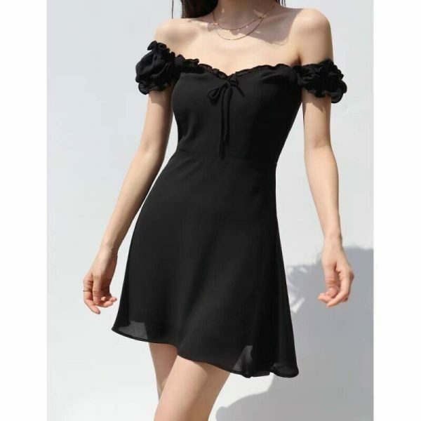 Black Milkmaid Off Shoulder Mini Dress with Puff Sleeves - Y2K Korean French Retro Streetwear