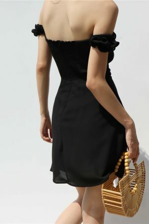 Black Milkmaid Off Shoulder Mini Dress with Puff Sleeves - Y2K Korean French Retro Streetwear