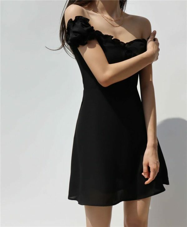 Black Milkmaid Off Shoulder Mini Dress with Puff Sleeves - Y2K Korean French Retro Streetwear